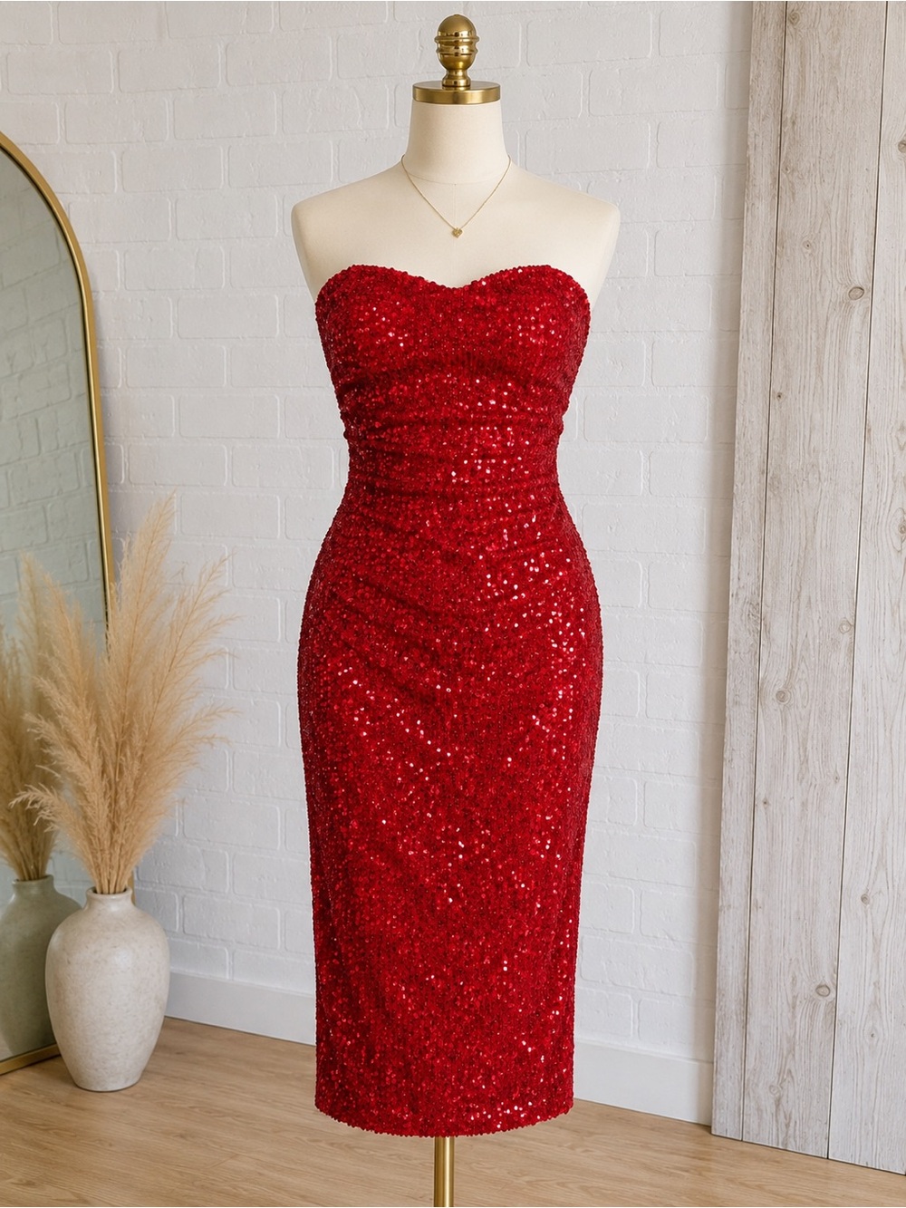 Strapless Red Sequin Midi Dress